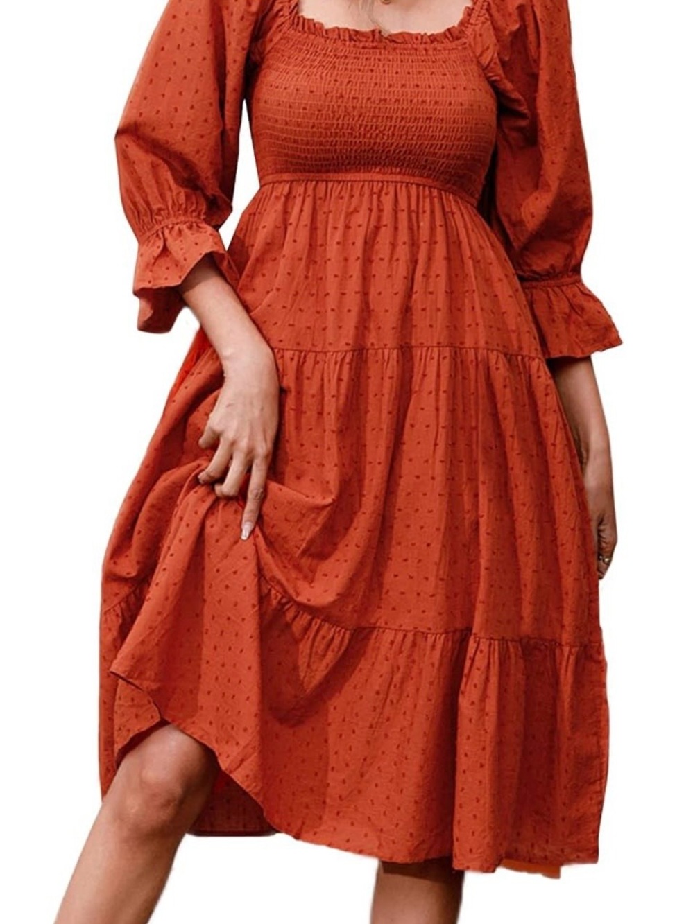 Women's Smocked Tiered Midi Dress Renaissance Peasant Off Shoulder Rust orange M